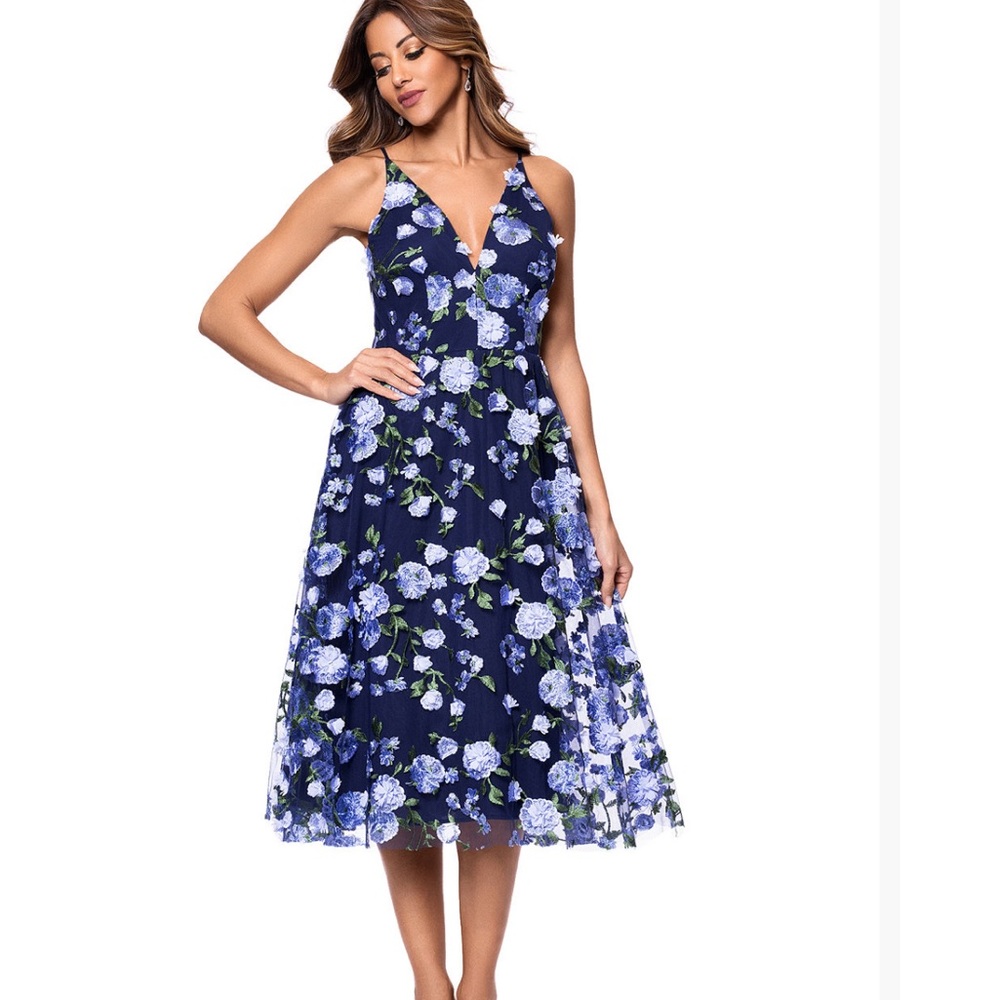Blue Spaghetti Strap V-Neck Midi Sundress